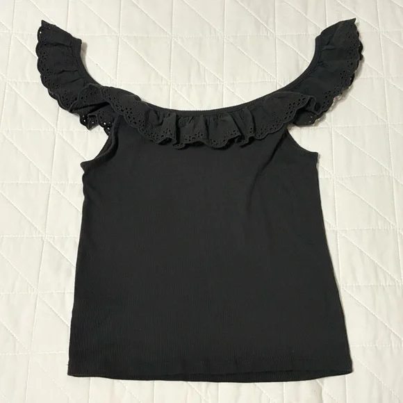 American Eagle Dark Gray Ribbed Eyelet Ruffle Off-The-Shoulder Tank Top Small - Picture 4 of 4